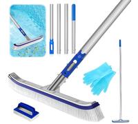 BNGXR Cepillo de limpieza de piscina, cepillo de piscina con extremo curvado, 43 cm, longitud ajustable del mango de aluminio, cepillo angular para piscina con guantes y pinceles de esponja