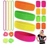 BNGXR MuñEquera 80s Set, 20 Piezas Deportes Accesorios Cintas Collar, Elásticos para el Pelo MuñEqueras Accesorios De Arco Iris Fiesta Retro (Rosa Verde Naranja Amarillo)