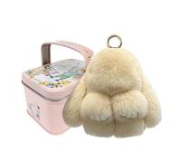 BnMvF Llavero de felpa de conejito de Pascua en caja de hierro - Dije de conejo suave y esponjoso, lindo llavero de peluche para bolso monedero, mini regalo de primavera (Arroz Blanco)