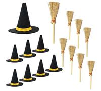 BNOYONERAS 16 mini sombreros y escobas de bruja para decoración de Halloween para manualidades, sombreros de bruja de fieltro y escoba de bruja para Halloween, botella de vino hecha a mano, decoración