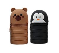 bnsggl Estuches para lápices, 2 estuches telescópicos, extensibles, con cremallera, de silicona, soporte para lápices de pie, para niños y estudiantes, Pingüino y oso, Estuches