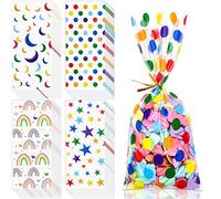 Bnsikun 100 bolsas de celofán arcoíris, bolsas de celofán de cumpleaños, lunares, luna, estrella, estampado, bolsas de regalo para baby shower, suministros de fiesta de cumpleaños