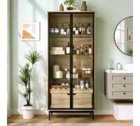 BNUZ Armario alto con puerta de cristal, cajón, estantes de cristal de altura ajustable, decoración ondulada, patas de metal, color dorado y blanco, adecuado para salón, dormitorio, pasillo