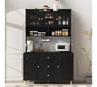 BNUZ Armario alto con tabla perforada y patas de madera maciza, color negro, 120 x 190 cm, armario de bar con espacio de almacenamiento, armario de cocina con cajones