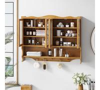 BNUZ Cabinet 100CM Retro 4 Door Wall Mounted Two Layers Storage Space Open Hook Rack Space, Suitable Bathrooms Kitchens Dining Rooms, Natural