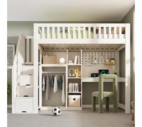 BNUZ Cama alta infantil blanca de 90 x 200 cm, escritorio, armario, estanterías abiertas, somier, solución todo en uno para ahorrar espacio, sin colchón