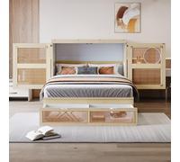 BNUZ Cama de 140 x 200 cm, color madera, cama de pared vertical con somier de láminas con cajones de almacenamiento, diseño de ratán, camas de madera, camas de adolescencia, camas individuales (sin
