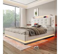 BNUZ Cama tapizada, lino beige, 140 x 200 cm, con espacio de almacenamiento hidráulico, varios compartimentos, sin colchón