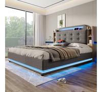 BNUZ Cama tapizada, lino gris, 140 x 200 cm, con espacio de almacenamiento hidráulico, varios compartimentos, sin colchón