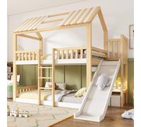 BNUZ Litera con techo a dos aguas para niños, 90 x 200 cm, blanco y natural, cama alta con estante y tobogán de 35 cm, ascenso seguro, ideal para familias con dos niños, EN 747, sin colchón