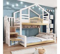 BNUZ Litera para niños, 90 x 200 cm, parte superior, 140 x 200 cm, aspecto de madera natural, con armario para escaleras, espacio de almacenamiento, estanterías, ascenso seguro, ideal como cama