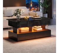 BNUZ Mesa de centro regulable en altura, elevable, 100 x 50 x 46 cm, espacio de almacenamiento oculto, 2 cajones, mesa auxiliar de alto brillo, color negro, MDF + acrílico