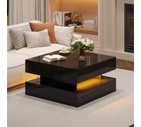 BNUZ Mesa de salón elevable de alto brillo con 2 cajones, diseño geométrico, almacenamiento oculto, 65 x 65 x 38,5 cm, color negro