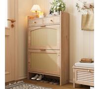 BNUZ Moderno zapatero de ratán, puertas dobles, 2 cajones, espacio de almacenamiento de varios niveles, estrecho, pasillo, entrada, aspecto de madera, 65 x 25 x 106 cm, natural