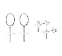 Bo Win 2 Pares Pendientes de Plata de Ley 925 Cruz Mujer Aros Con Colgantes de Aro de Cruz Pequeños Para Mujer Niñas Hombre