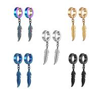 Bo Win 5 Pares Acero Inoxidable Pendientes Clip Hombre Mujer Niña, Sin Agujero Pinza Non Piercing Falsos Aro Pluma Plata Oro Negro