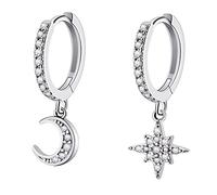 Bo Win Pendientes de Plata de ley 925 Pendientes Aro con Colgante Pendientes de Aro Luna Estrella Pendientes Aros Pequeños con 3A Zirconia Cúbica Pendientes Plata Pendientes para Mujer Niña