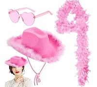Boa de Plumas de Pavo, Bufandas de Suaves Mujer Sombrero de Vaquero Rosa Bufandas Decorativas para Baile, Boda, Fiesta, Cosplay, Halloween, con Gafas de Sol en Forma de Corazón (200CM)