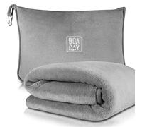 BOACAY Manta de Viaje Suave y Cálida para Avión y Automóvil - Vuelo Largo Esencial para Mujeres, Hombres, Niños - Almohada Compacta con Manga para Equipaje y Clip para Mochila