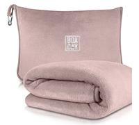 BOACAY Manta de Viaje Suave y Cálida para Avión y Automóvil - Vuelo Largo Esencial para Mujeres, Hombres, Niños - Almohada Compacta con Manga para Equipaje y Clip para Mochila