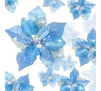 Boao 24 Flores de Pascua Artificiales con Purpurina para Navidad, Bodas, árbol de Navidad, Año Nuevo (Azul)