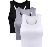 BOAO - 3 Camisola Deportiva Corta sin Mangas con Tirantes Delgados para Mujer, Negro, Blanco, Gris, Large
