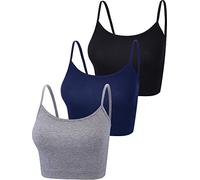 Boao - 3 camisola deportiva corta sin mangas con tirantes delgados para mujer, Negro, gris oscuro, azul marino., S