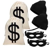 Boao El juego de disfraz de ladrón de 6 piezas incluye bolsas de lona con signo de dólar, máscara de ojos, gorro de punto para Halloween, cosplay, fiesta temática de ladrones