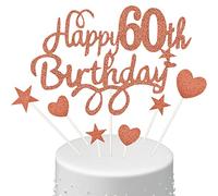Boao Set de Toppers de Tarta de Cumpleaños de 60, Adornos de Cupcake de Happy 60th Birthday con Palillos de Pastel de Corazón Estrella Decoración Brillante para Fiesta (Oro Rosa)