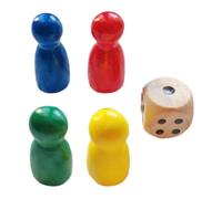 Board Game Accessories, Wooden 4 Chess Pieces, Compact Pawns with 1 Dice Portable Strategy Playset Travel-Friendly Multicolor Checkers Components for Men & Women