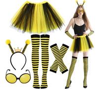 BOARDFEB Disfraz de abeja para mujer, disfraz de abeja, disfraz de adulto, disfraz de mujer, con antena, diadema, calcetines, gafas, falda de tul, carnaval, disfraz de abejas, ropa para carnaval