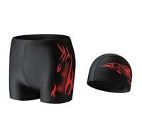 Boardshorts Hombre, Conjunto de baño para Hombre: Pantalones Cortos y Gorro de baño versátiles, Tejido elástico cómodo con Estampado de Llamas, para Usar Todo el año, fácil de cuidar.