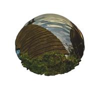 Boat At Lake Shore - Gorro de ducha de doble banda elástica impermeable con orejas con volantes, gorro de cocina a prueba de aceite que se puede reutilizar