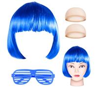 Bob Perücke Neon brille Set kurz Haareile mit Haarnetz für Damen 80s Halloween Cosplay Karneval Fasching Party (Blau)