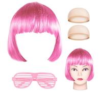 Bob Perücke Neon brille Set kurz Haareile mit Haarnetz für Damen 80s Halloween Cosplay Karneval Fasching Party (Rosa)