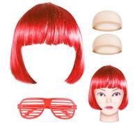 Bob Perücke Neon brille Set kurz Haareile mit Haarnetz für Damen 80s Halloween Cosplay Karneval Fasching Party (Rot)