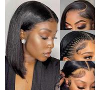 Bob Wig Human Hair 4x4 Lace Front Straight Brazilian Lace Frontal Wigs 180% Density Short Bob Wig for Black Women Natural Colour (16 inch)