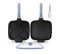 Bobikuke Juego de 2 Sartenes, Sartén Tortitas con Tapa + Grill Asador con Rayas 26 x 24 cm, Mango Extraíble, Aluminio Fundido, Revestimiento Antiadherente - Azul