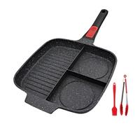 Bobikuke Sarten Parrilla con Mango Extraíble, 3 en 1 Grill Asador con Rayas de Desayuno Olla de Aluminio Sartén Cuadrada Antiadherente, Apto para Todo Tipo de Cocinas 28 x 24 cm - Negro