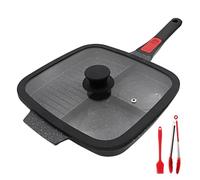 Bobikuke Sarten Parrilla con Mango Extraíble y Tapa, 3 en 1 Grill Asador con Rayas 28 x 24 cm - Negro