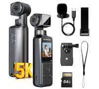 BOBLOV Cámara corporal 5K con micrófono, cámara de vlogging W5, 5K/15FPS y 4K/60FPS con lente giratoria de 270°, soporte para micrófono externo, opciones de clip/correa, estabilización EIS para