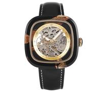 BOBO BIRD Relojes de madera para hombre, reloj mecánico de esqueleto cuadrado, cuerda automática, correa de cuero, varios colores, Negro -, Casual