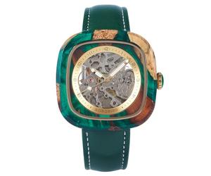 BOBO BIRD Relojes de madera para hombre, reloj mecánico de esqueleto cuadrado, cuerda automática, correa de cuero, varios colores, Verde, Casual
