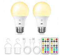 BOBOPAI Bombilla Recargable E27, Batería 2600mAh, Mando & Táctil, 2 Pack | LED, USB-C, Regulable, 8W, 3 Temperaturas, 9 Colores RGB & 2 Modos, 3 Temporizadores, Gancho, Para Lámparas sin Electricidad