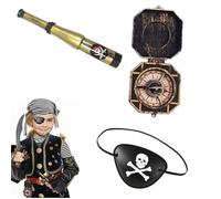 BOBOZHONG Accesorios Pirata,3 piezasa ccesorio para piratas y bucaneros,Disfraz de Pirata Niño Pirata Parche Catalejo brújula,para Fiesta de Halloween Carnaval Navidad