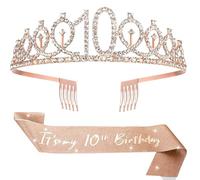 BOBOZHONG Corona de Rhinestones & Banda Rosa Dorado para Niña 10 Años - 'It's my 10th Birthday' - Regalo Elegante, Decoración Fiesta, Tiara Ajustable + Banda de Glitter con Foil - Set Fiesta Princesa