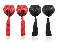 BOBOZHONG Funda Pezón Autoadhesiva con Borlas,2 Pares Pezones Pegatinas Adhesivos con Forma de Corazón y Borlas de Lentejuelas,para Parejas, Juegos de rol,Disfraces y Fiestas