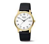 Boccia Reloj de Hombre de Titanio 3620-08 de Titanio y Oro Amarillo de 39 mm con Esfera Blanca, Reloj de Cuarzo con Correa de Piel Negra, Fecha, Resistente al Agua 5 Bar, clásico Elegante