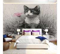 Boceto A LáPiz Fotomurales Tejido no Tejido Animal gato y flores Papel Pintado Decor de Pared Murales Póster Efecto 3D Papel Tapiz Moderno para Dormitorio Salón TV Pared 300 x 210 cm