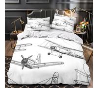 Bocetos de aviones antiguos Funda de Edredón Estampado 3D Suave 3 Piezas Cremallera Oculta con Fundas de Almohada Lavables Aviación en blanco y negro Funda Edredon for niños Single（140x200cm）